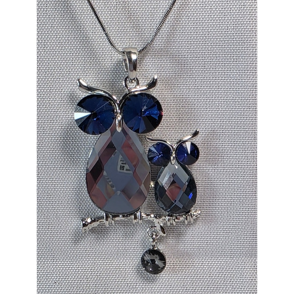 Blue Crystal Owl Family Pendant Necklace‎ Silver Tone Snake Chain 16-18 Inch